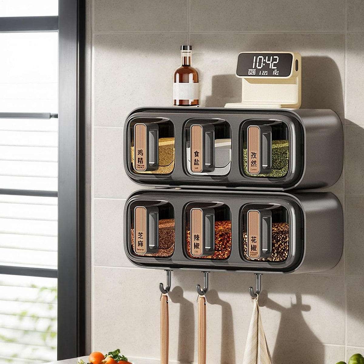 6 in 1 Wall Mounted Masala Box with spoon