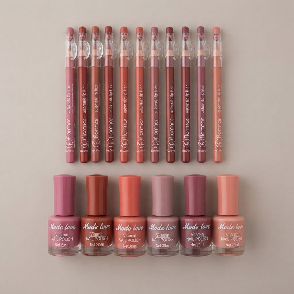 12 Pcs Nude Lip Liner + 8 Pcs Matte Nail Polish Set - Combo Pack