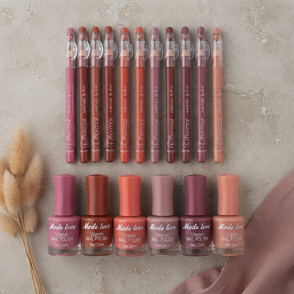 12 Pcs Nude Lip Liner + 8 Pcs Matte Nail Polish Set - Combo Pack