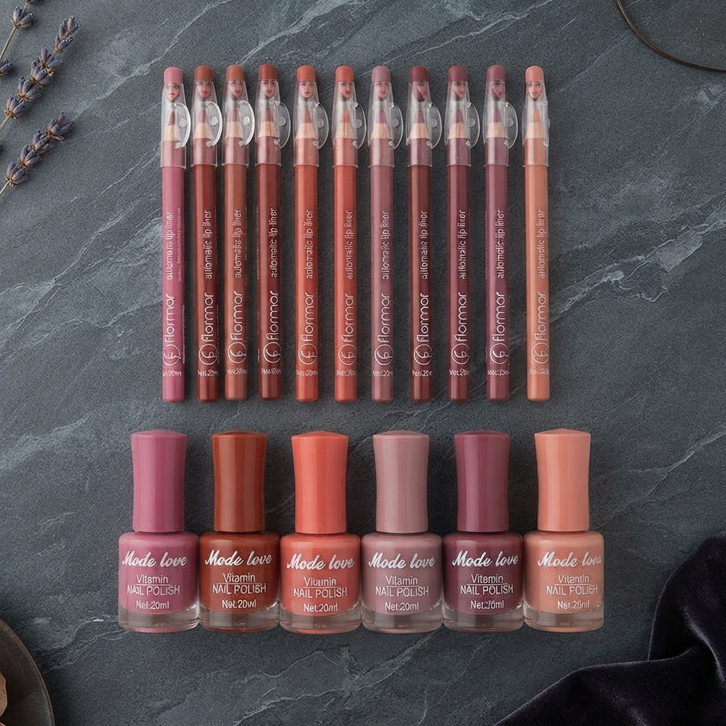 12 Pcs Nude Lip Liner + 8 Pcs Matte Nail Polish Set - Combo Pack